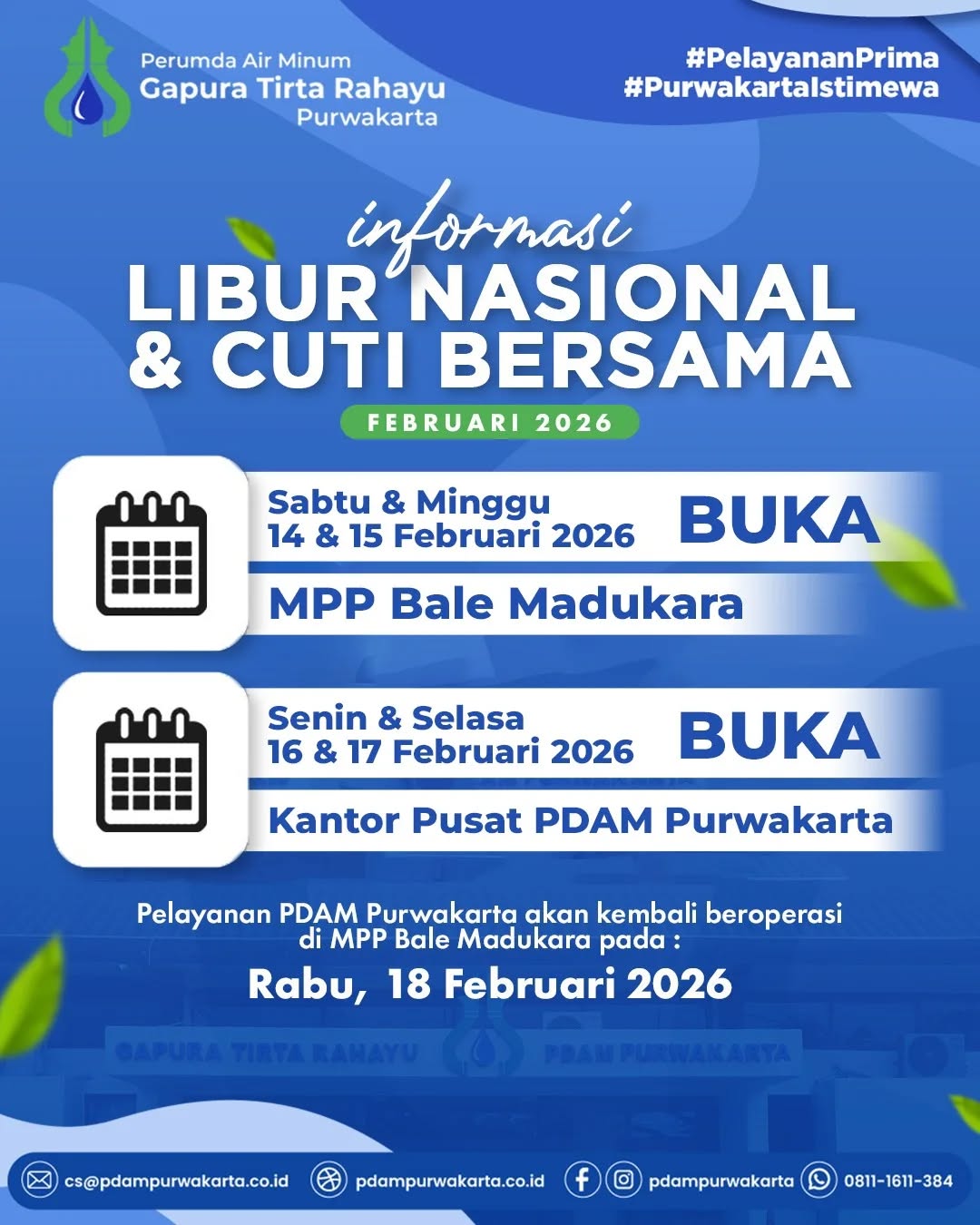 Perumda Air Minum Gapura Tirta Rahayu Tetap Buka Layanan pada Libur Nasional dan Cuti Bersama Februari 2026